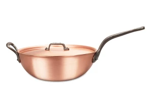 Wok clásico de cobre de 28 cm con mango de hierro fundido y mango auxiliar — 4